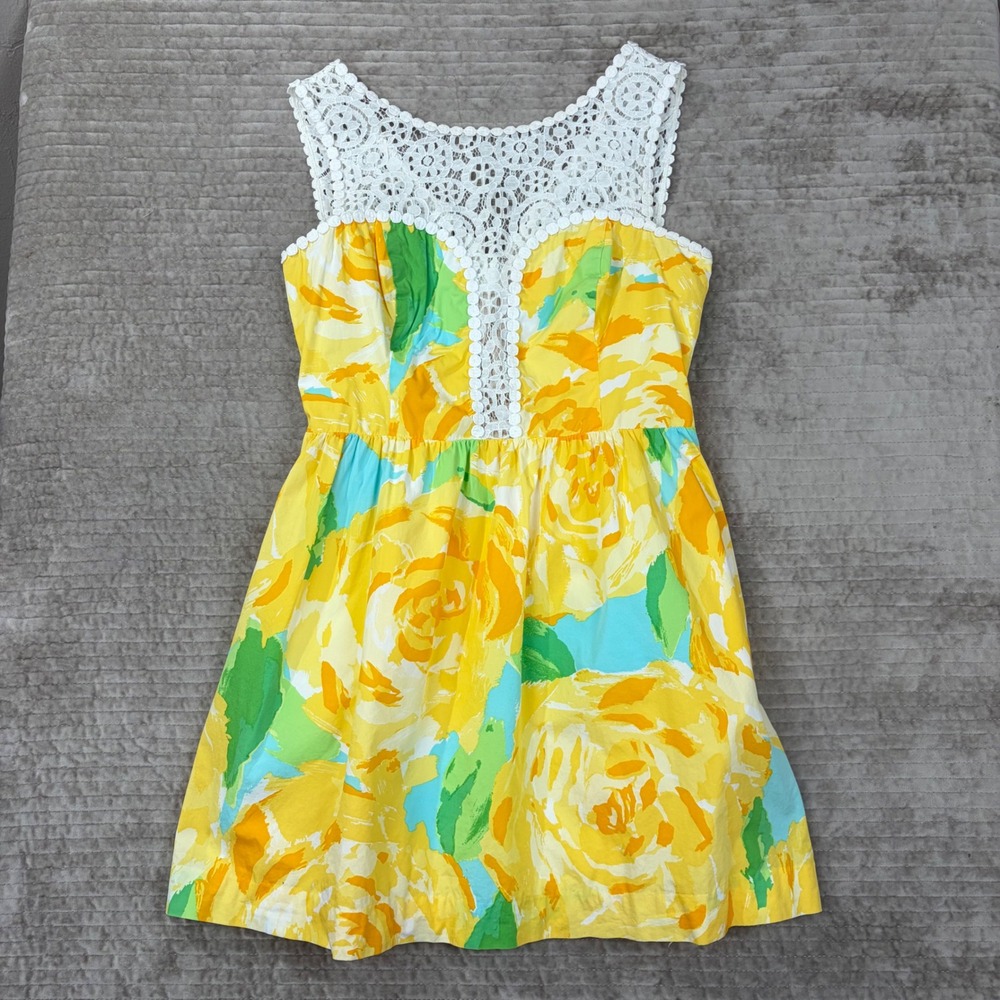 Lilly Pulitzer Yellow Floral Lace Yoke‎ Fit Flare Dress 92415 Sleeveless Cotton